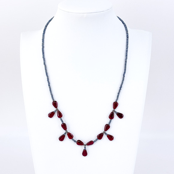 Estate Sterling Silver 925 Red Glass Teardrop Bead Necklace 18